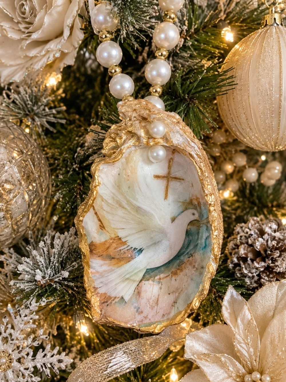 Handcrafted New Orleans Oyster Shell Ornament White Dove Cross Gold Trim Christi
